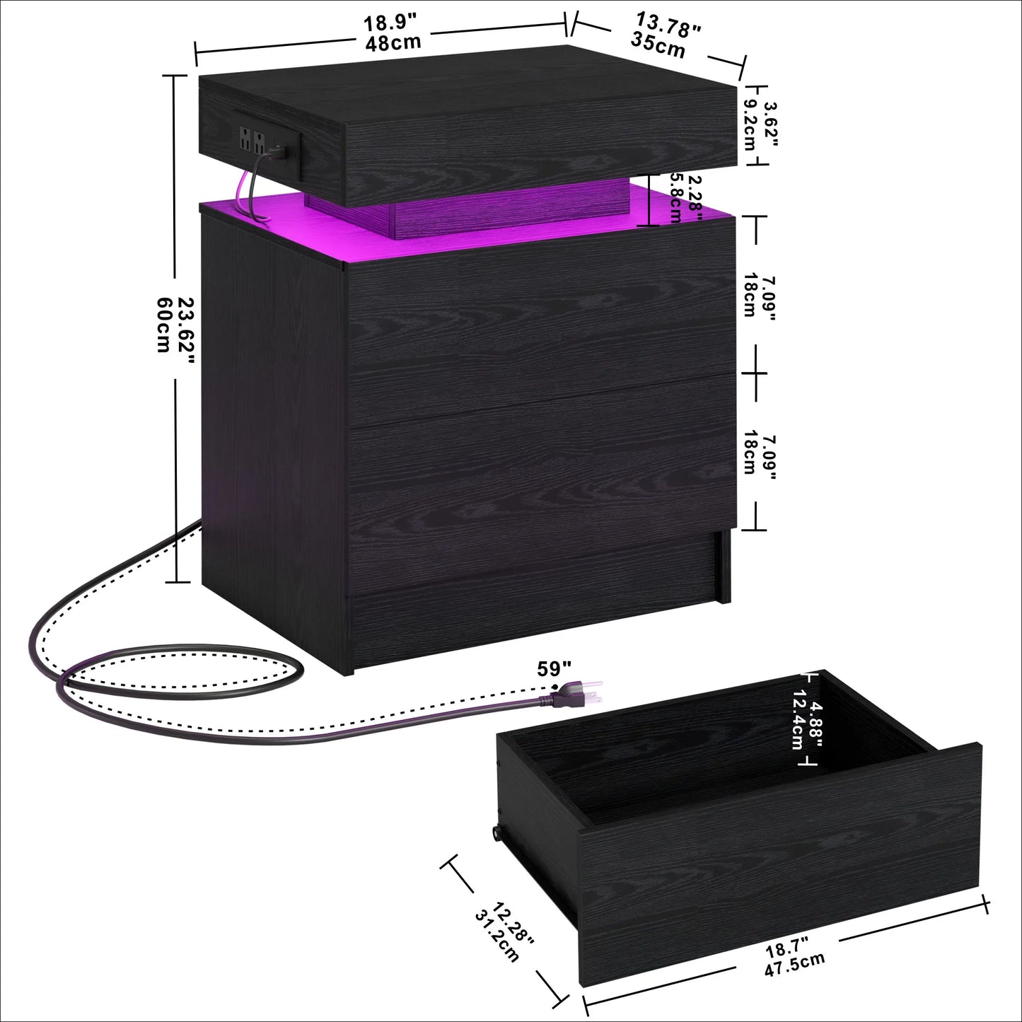 LIKIMIO Nightstand With Charging Station And LED Light
