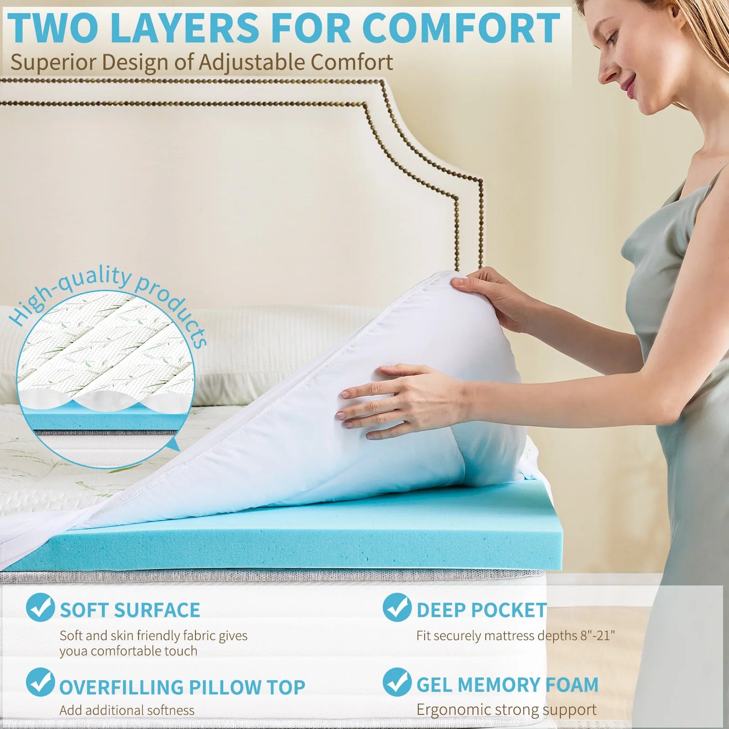 Jhk Dual Layer Gel Memory Foam Mattress Topper