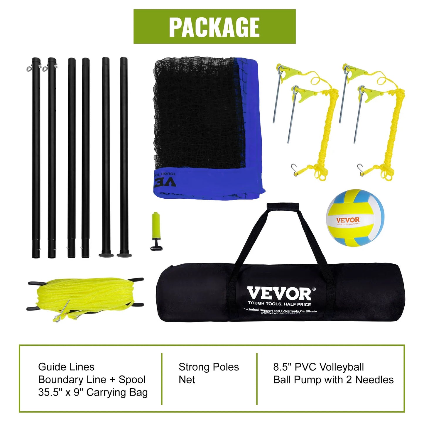 Outdoor Volleyball Net System With Adjustable Poles And Pump