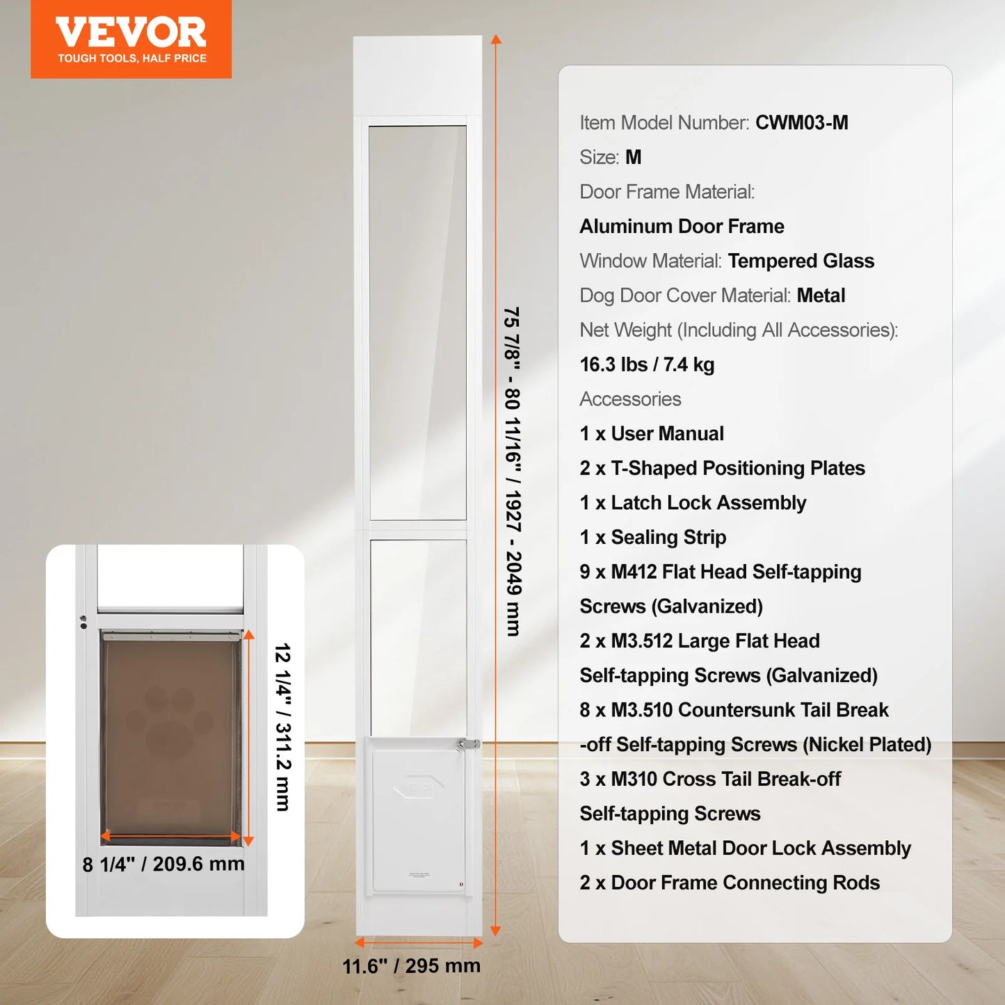 NONEDog Door For Sliding Glass Door Aluminum Frame Tempered Glass