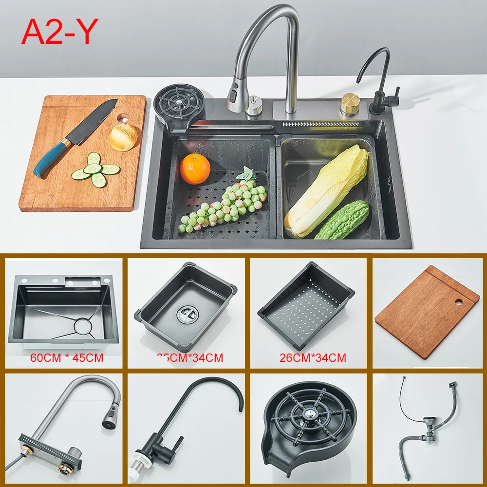 Waterfall Kitchen Sink With Digital Display 304 Stainless Steel