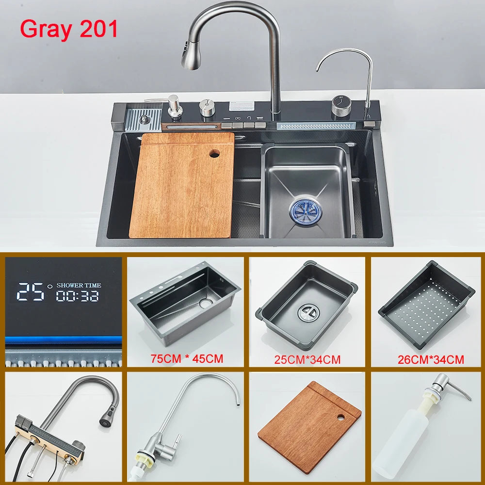 Waterfall Kitchen Sink With Digital Display 304 Stainless Steel