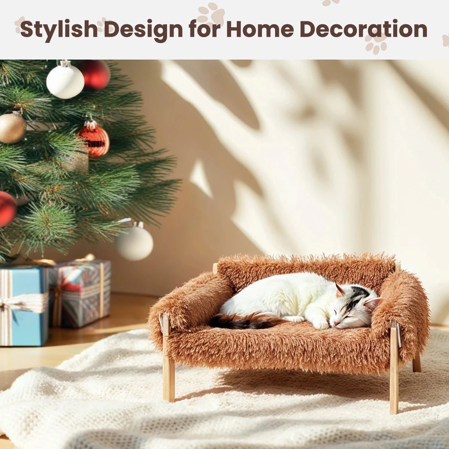 Raised Plush Cat Sofa Bed With Sturdy Wooden Legs Cozy