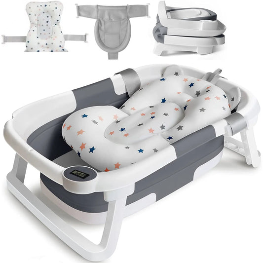 Foldable Baby Bath Tub With Cushion And Thermometer And Shower Cap And Brush