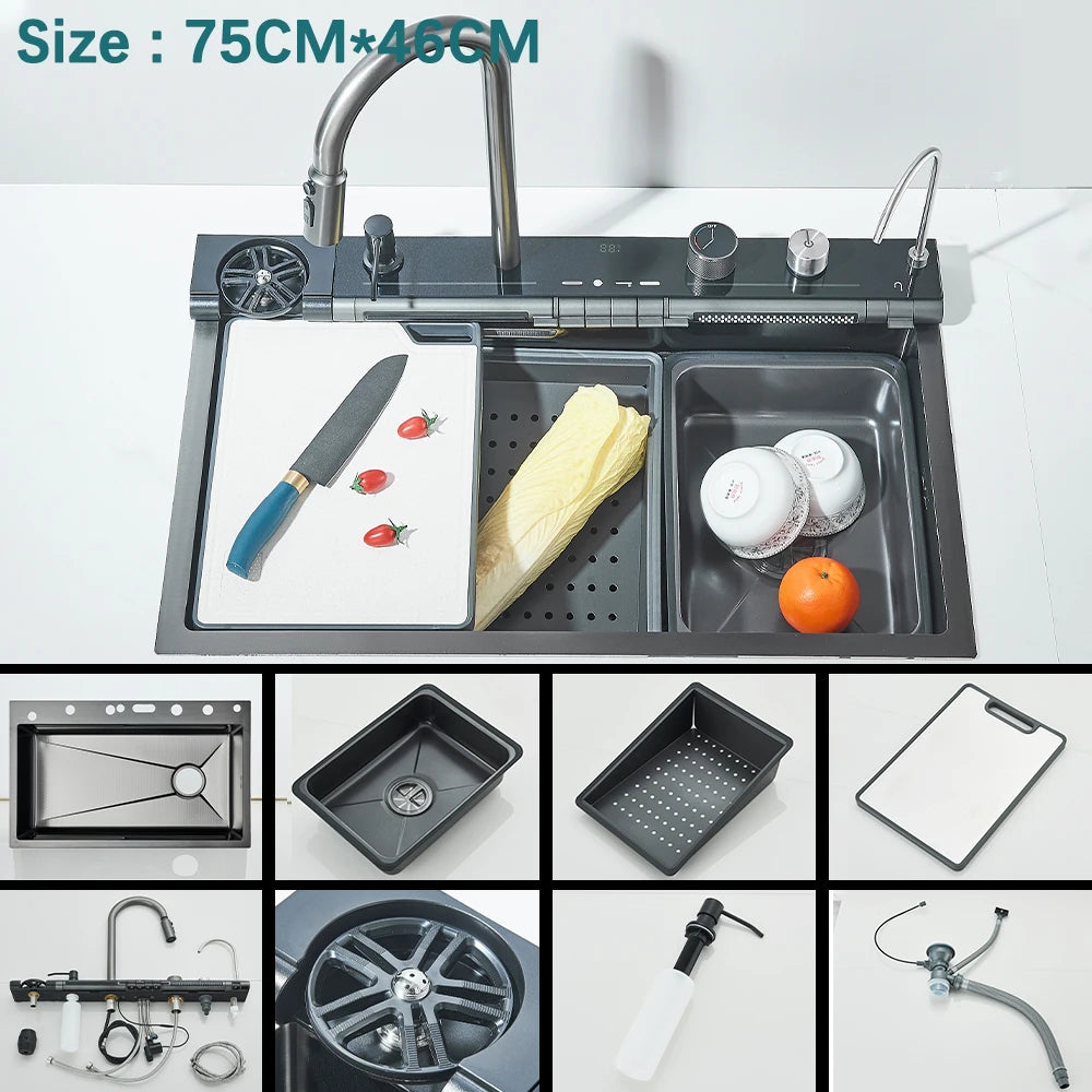 Waterfall Kitchen Sink With Digital Display 304 Stainless Steel