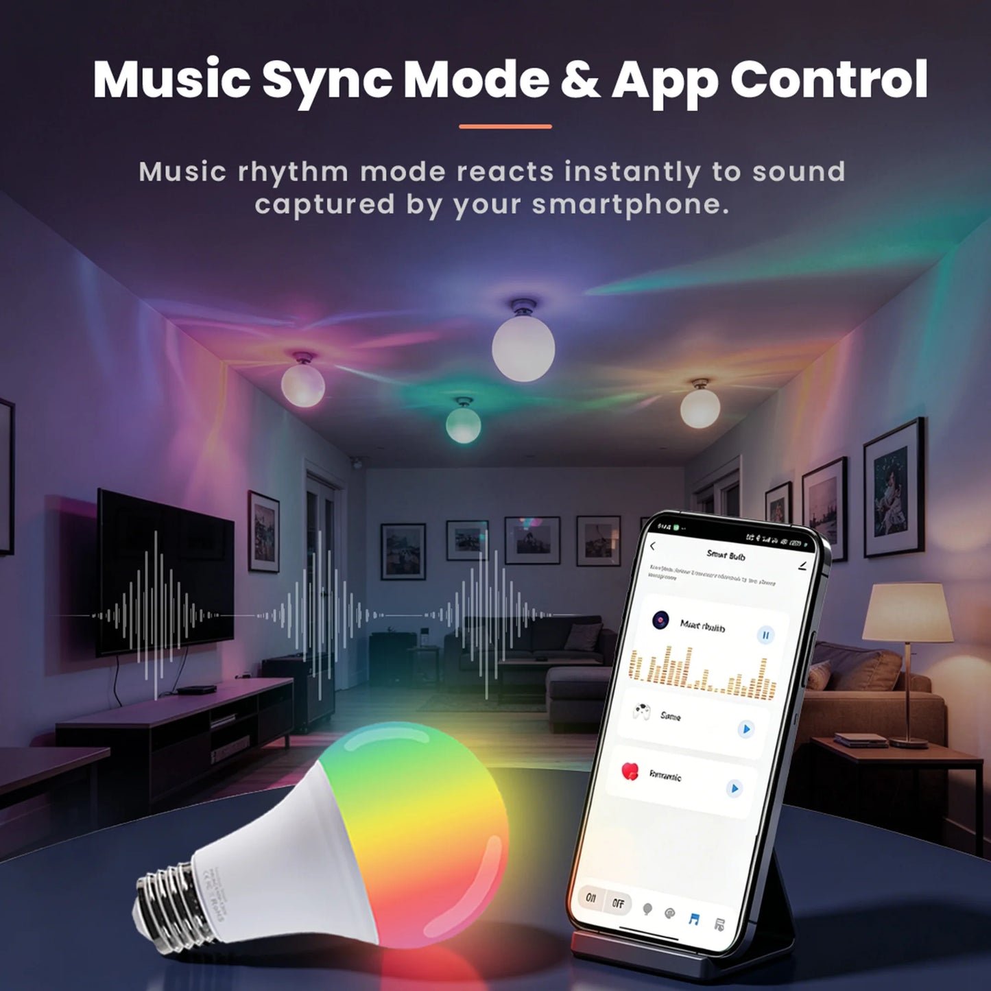 Smeileas 4 Pack RGBCW Smart LED Dimmable Music Sync Bulbs