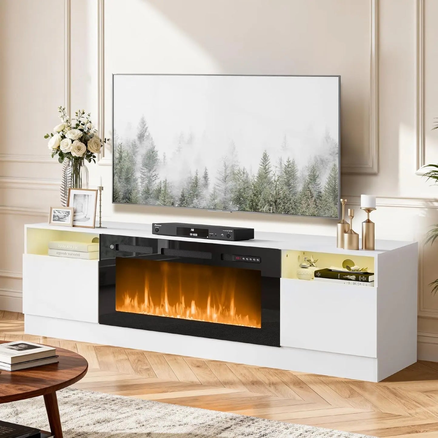 Modern TV Stand With Electric Fireplace And Storage Cabinet