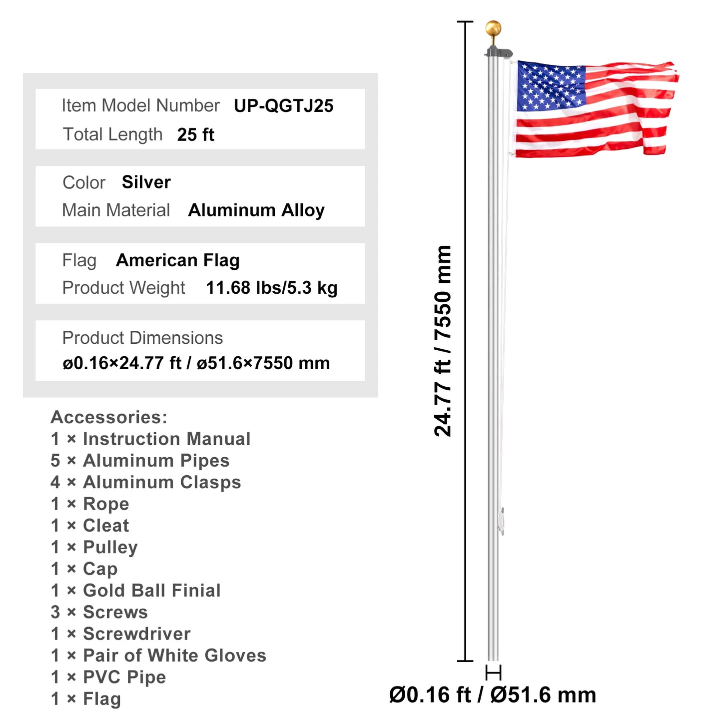SucceBuy Heavy Duty Aluminum Flagpole Kit With American Flag