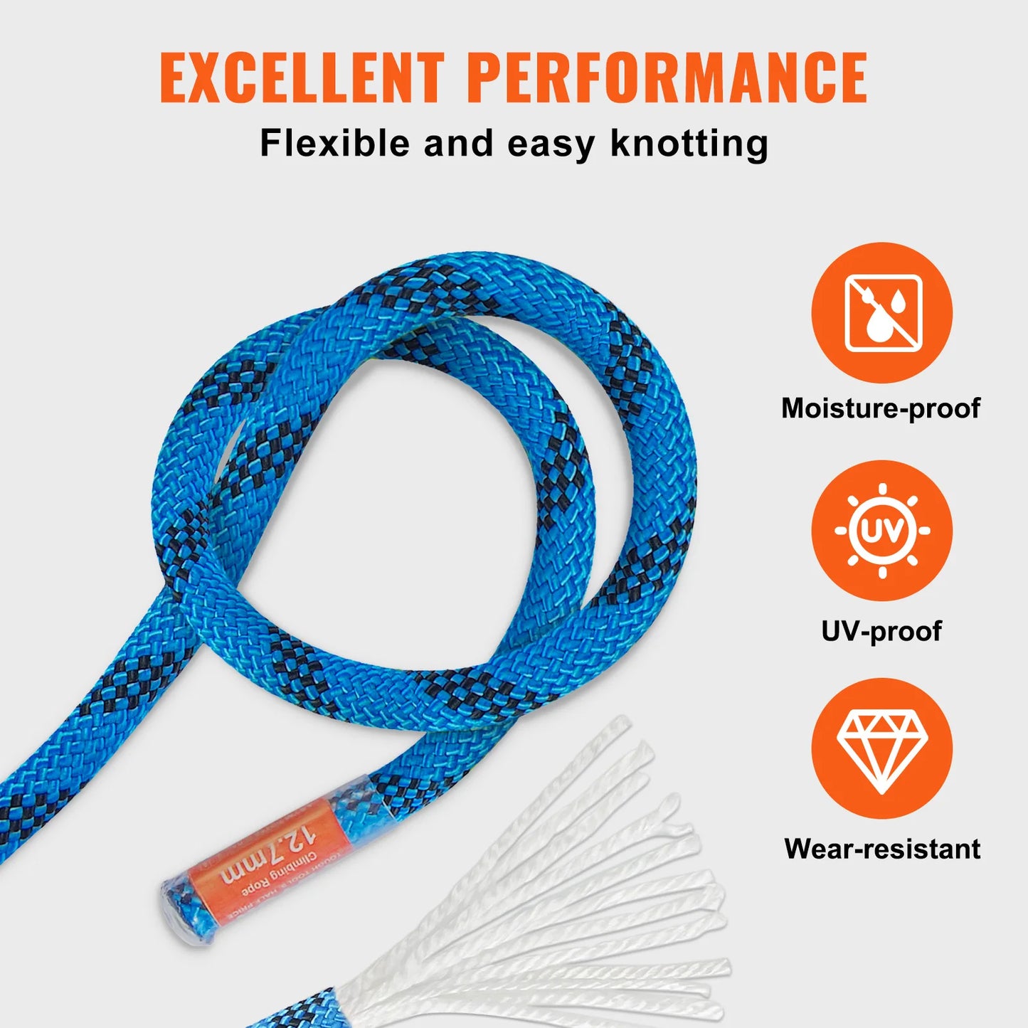 VEVOR Static Climbing Rope 32kN Break Strength With Steel Snap Hooks
