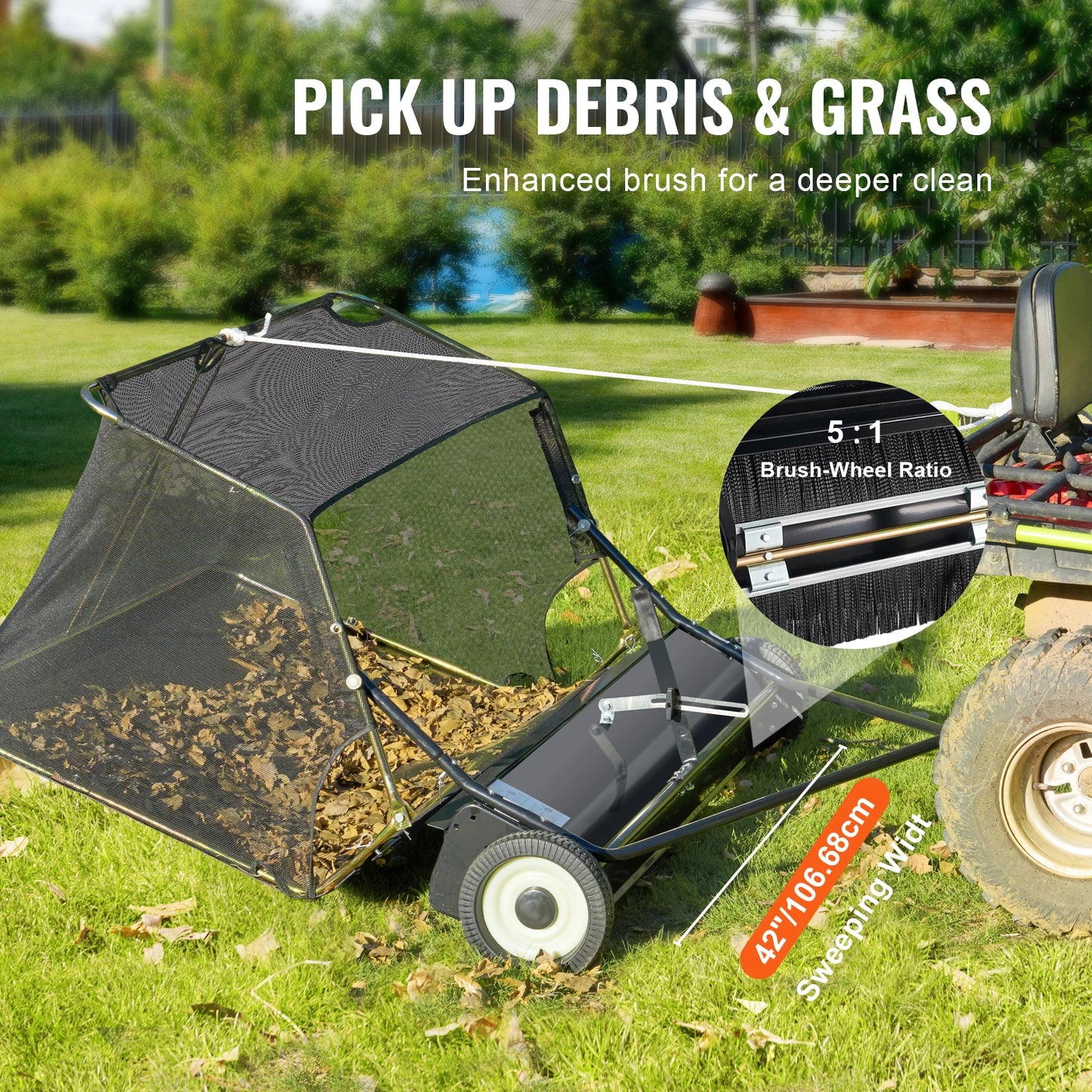 SucceBuy Tow Behind Lawn Sweeper 12 Cu Ft Debris Collector