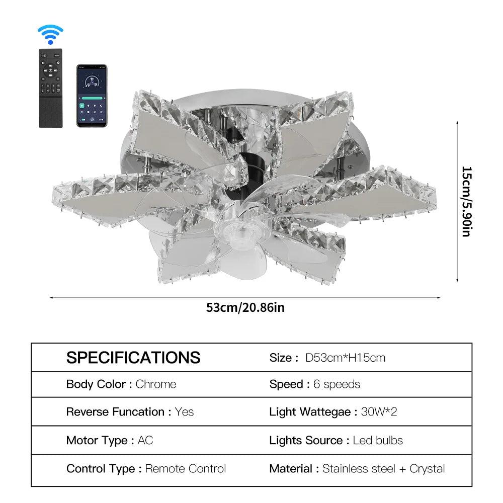 Vetrulus Modern Crystal LED Ceiling Fan With Smart Remote