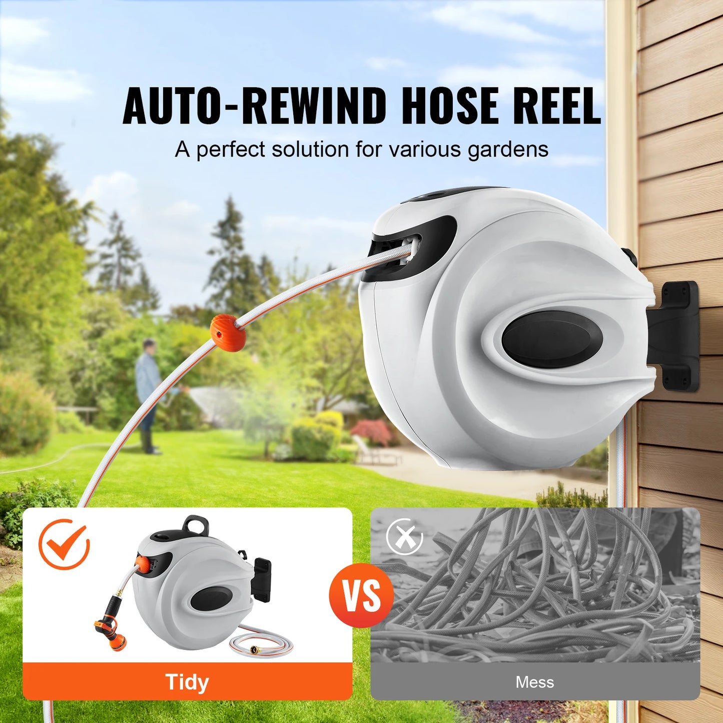 SucceBuy Retractable Hose Reel With 180 Degree Swivel Auto Rewind