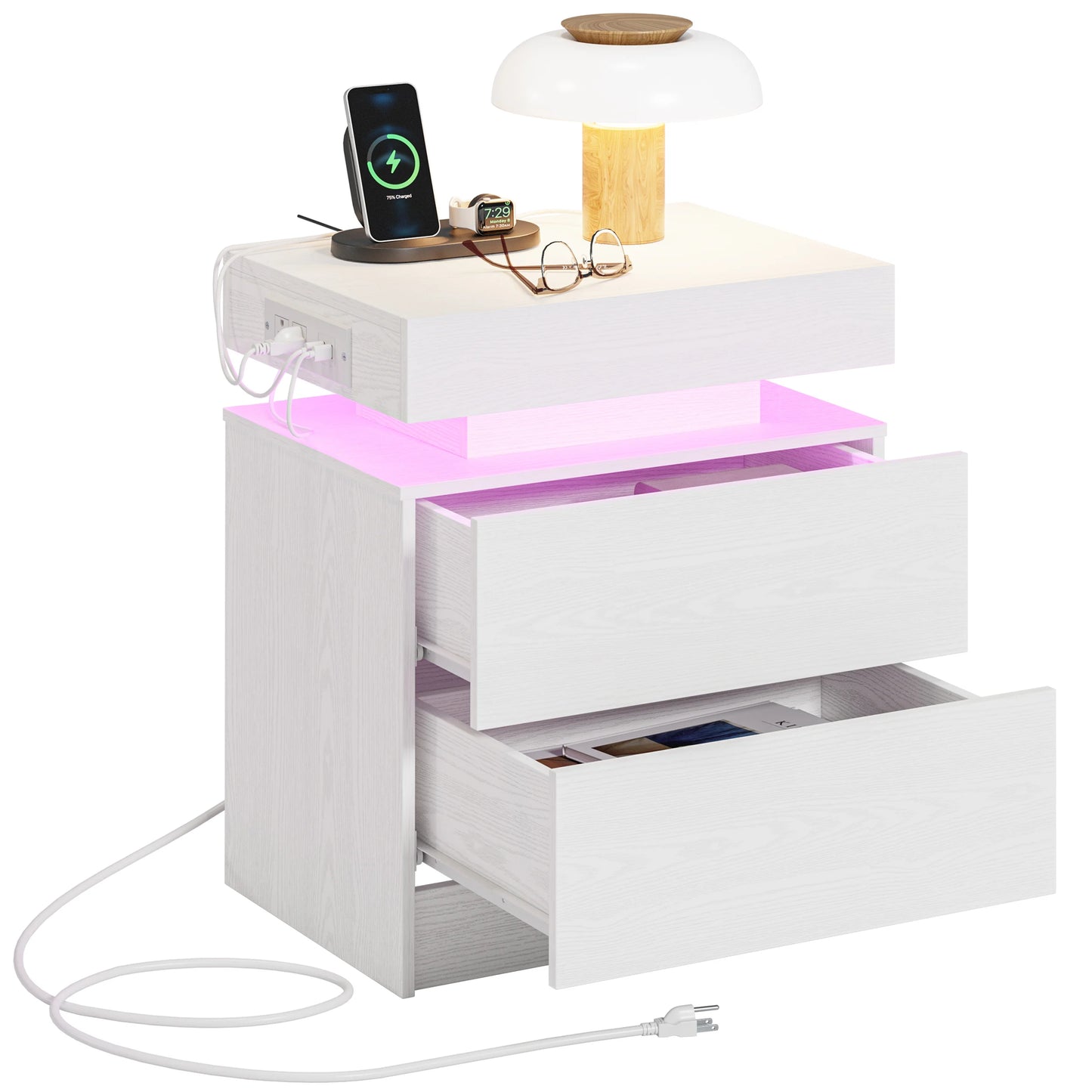LIKIMIO Nightstand With Charging Station And LED Light