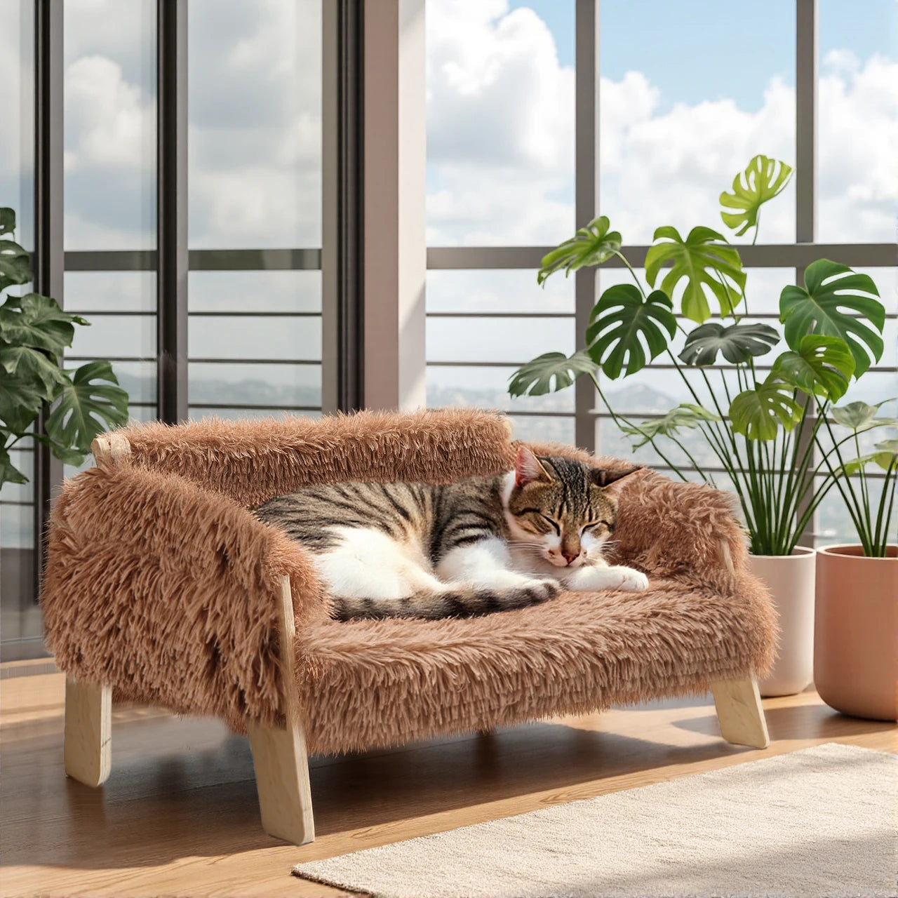 Raised Plush Cat Sofa Bed With Sturdy Wooden Legs Cozy