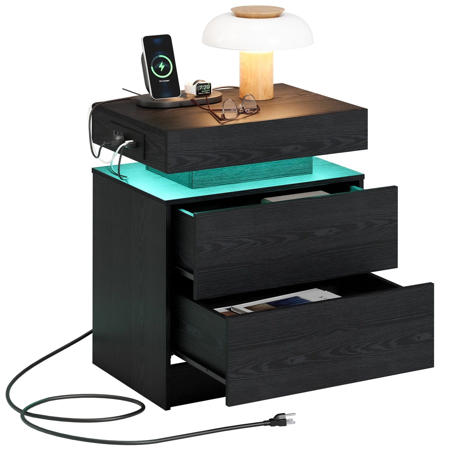 LIKIMIO Nightstand With Charging Station And LED Light