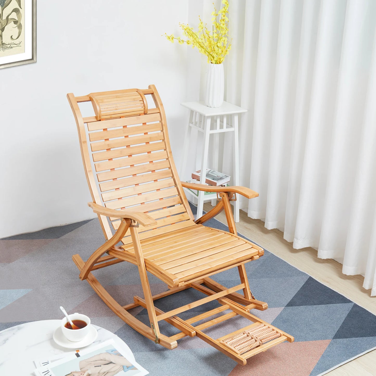 Bamboo Heavy Duty Folding Rocking Chair Adjustable Indoor Outdoor