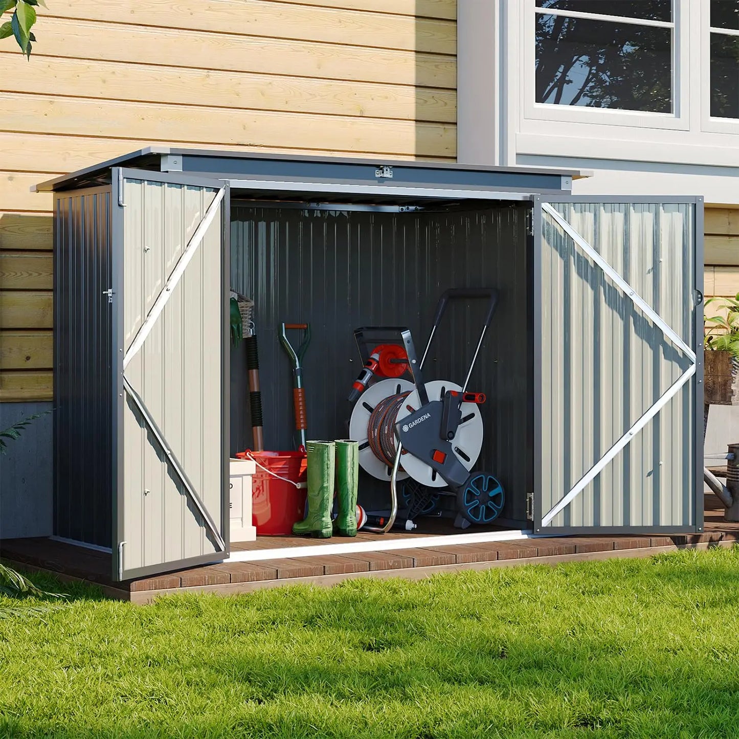 Metal Outdoor Storage Shed With Chain Lid Waterproof Organizer