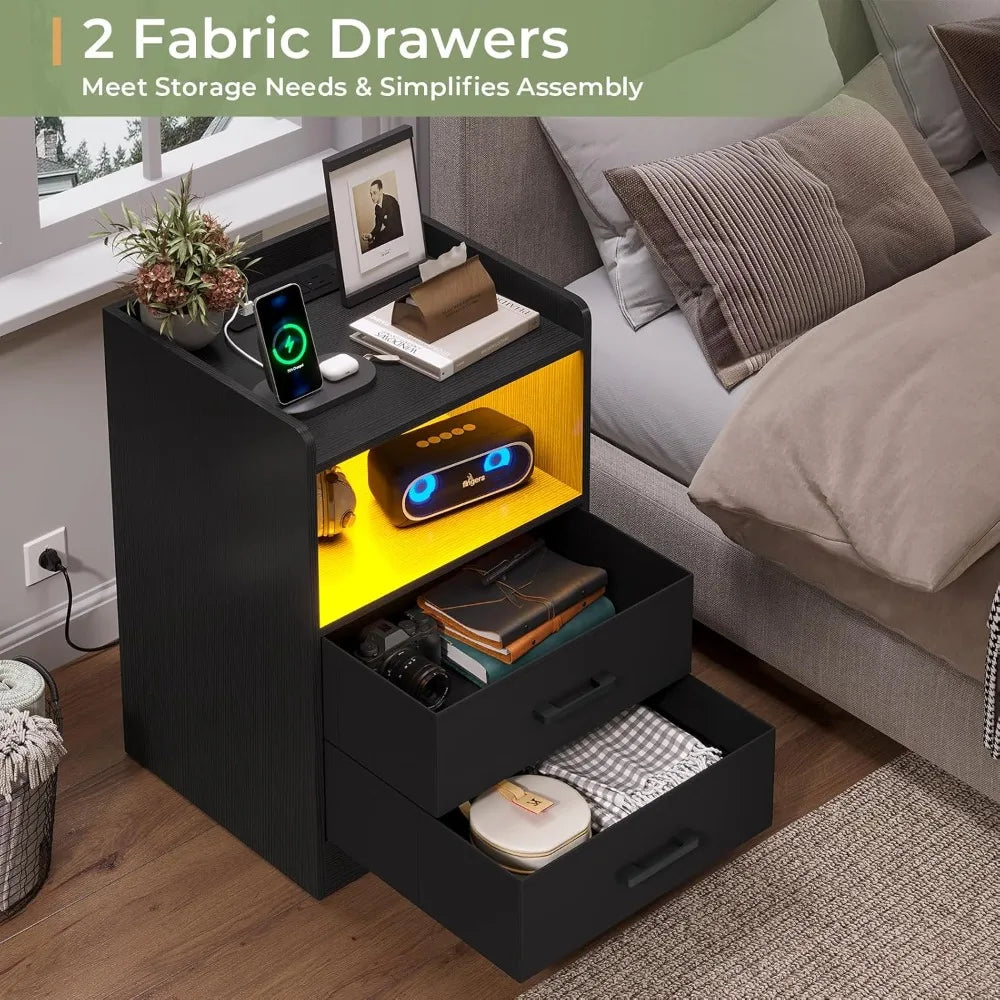 Two-Piece Bedside Nightstands With LED Lights And Charging Station