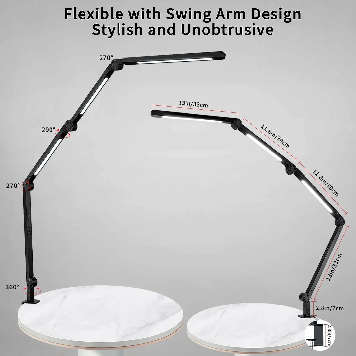 LED Desk Lamp with Clamp, Flexible Swing Arm, Dimmable