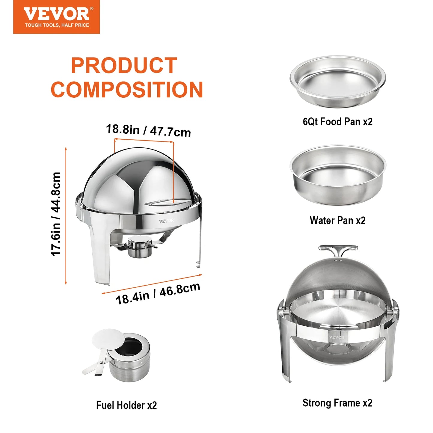 Succebuy Stainless Steel Chafing Dish Buffet Set With 6 Quart Full Size Pans For Catering