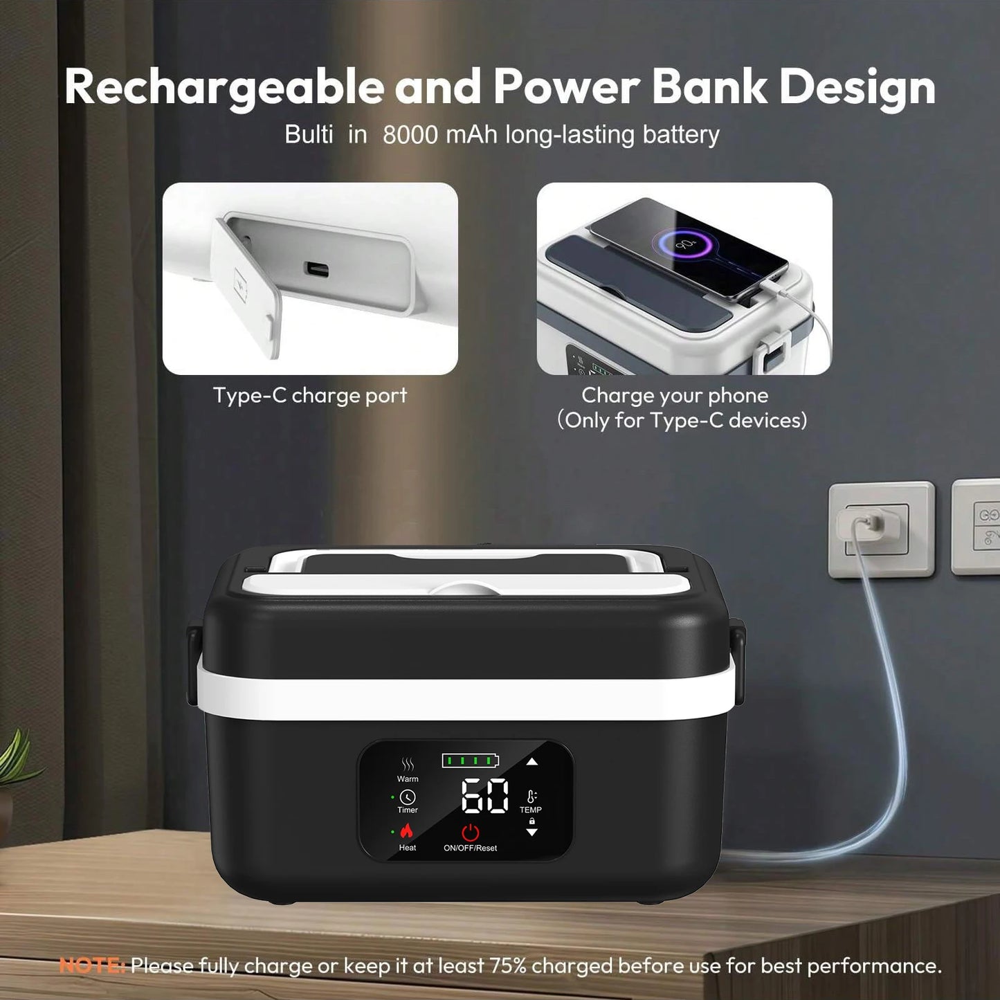 Wireless Electric Insulated Lunch Box With Built In 8000mAh Battery