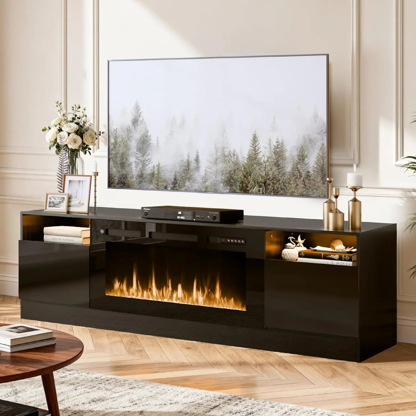 Modern TV Stand With Electric Fireplace And Storage Cabinet