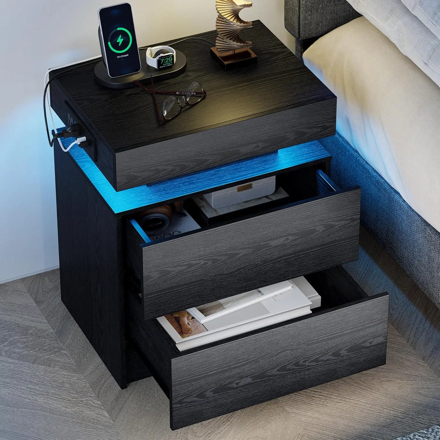 LIKIMIO Nightstand With Charging Station And LED Light