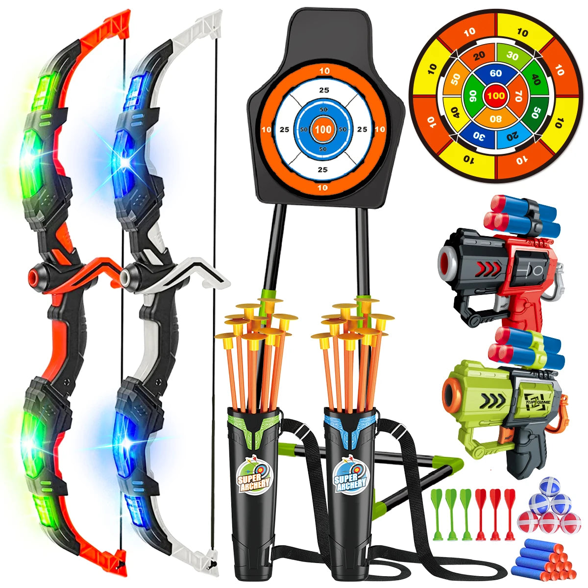 VATOS 2X Bow Arrow Gun Toy Set For Kids Night Light Archery Target