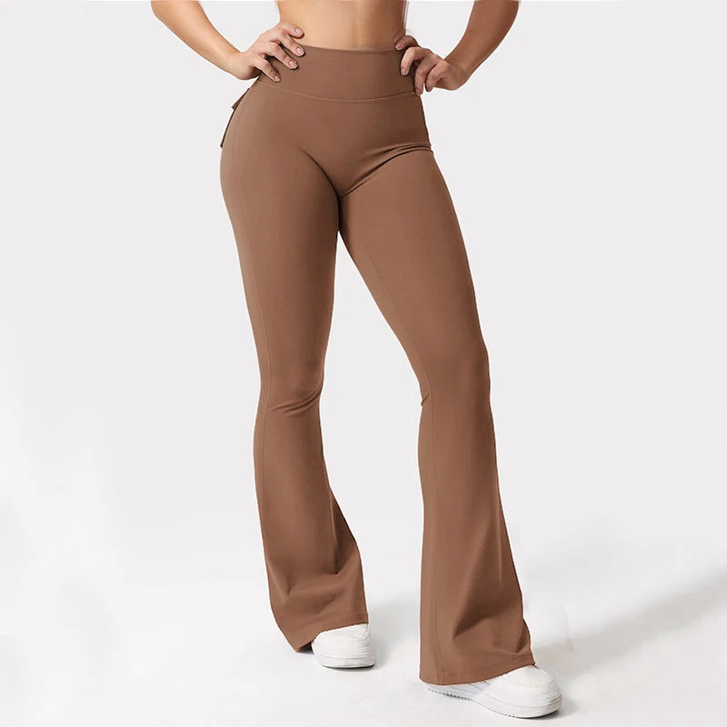 Women's Yoga Flare Trousers High-Waisted Tummy-Control Wide-Leg With Pockets