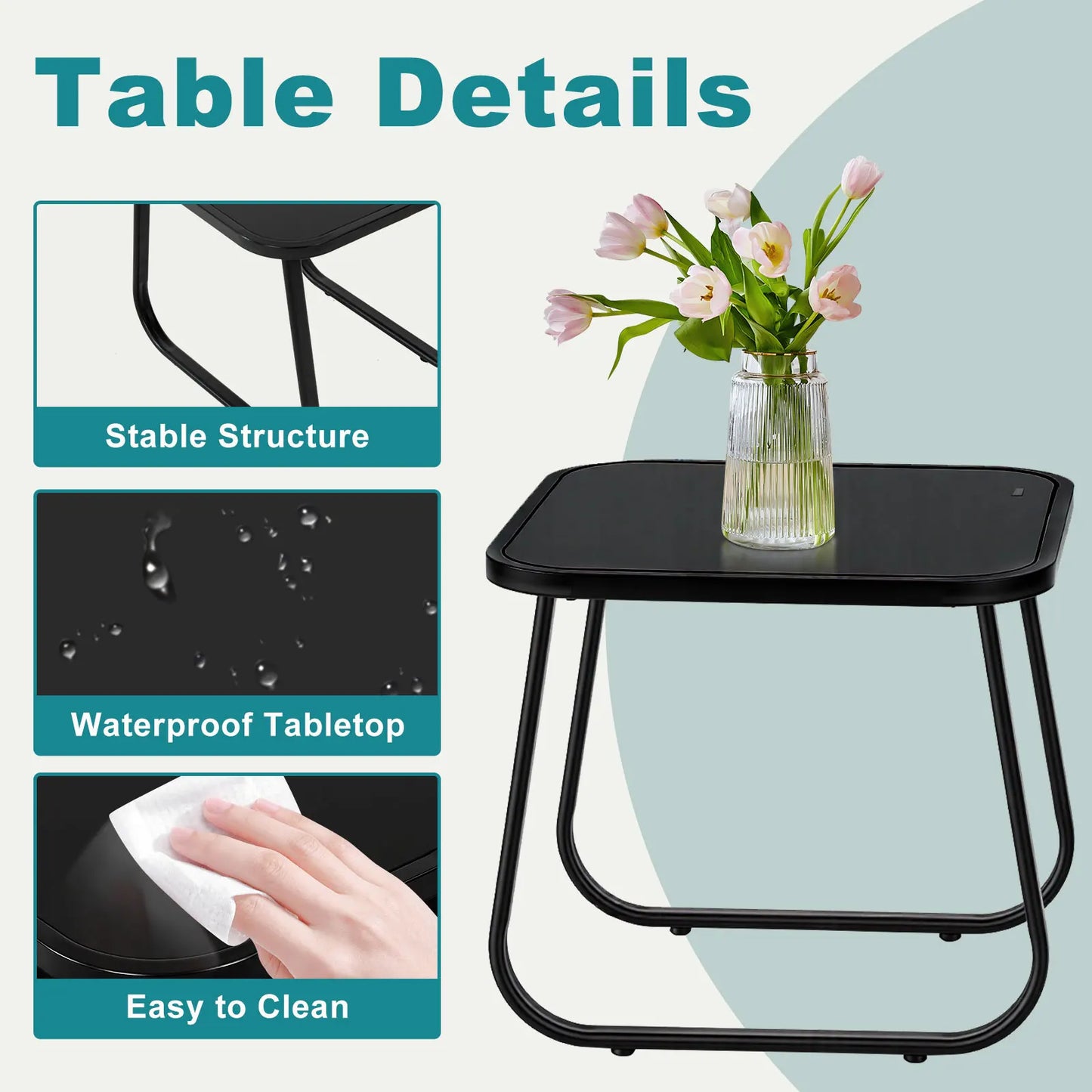 JHK Patio Furniture 3-Piece Set With Table Outdoor Metal Frame Lumbar Support