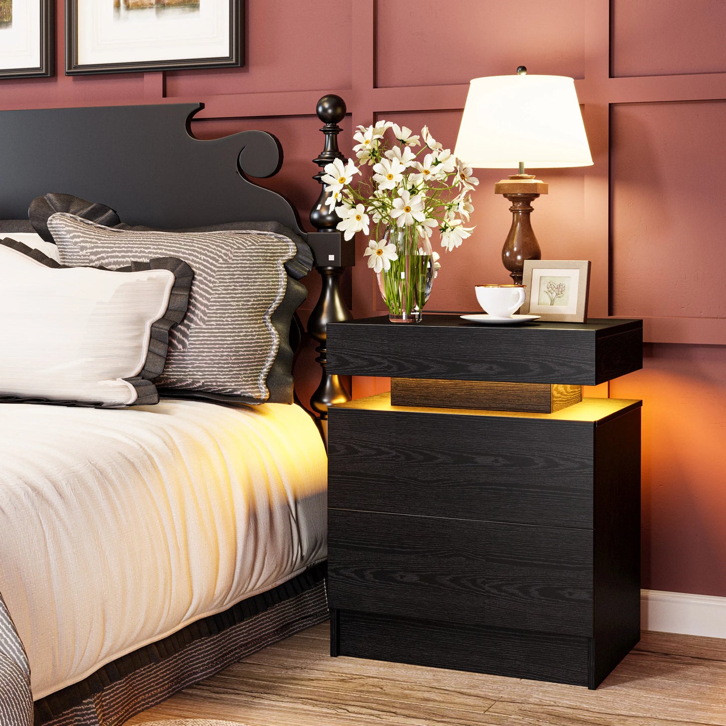 LIKIMIO Nightstand With Charging Station And LED Light