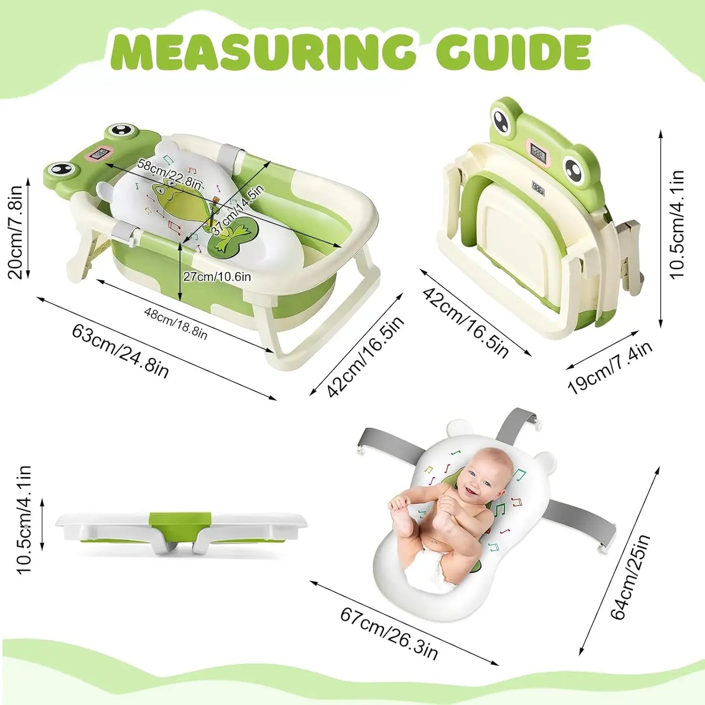 Foldable Baby Bath Tub With Cushion And Thermometer And Shower Cap And Brush
