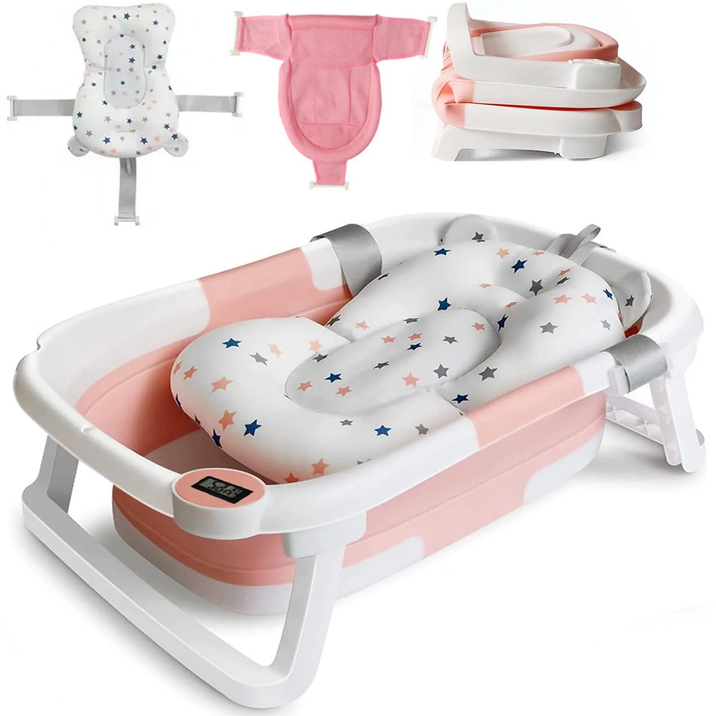 Foldable Baby Bath Tub With Cushion And Thermometer And Shower Cap And Brush