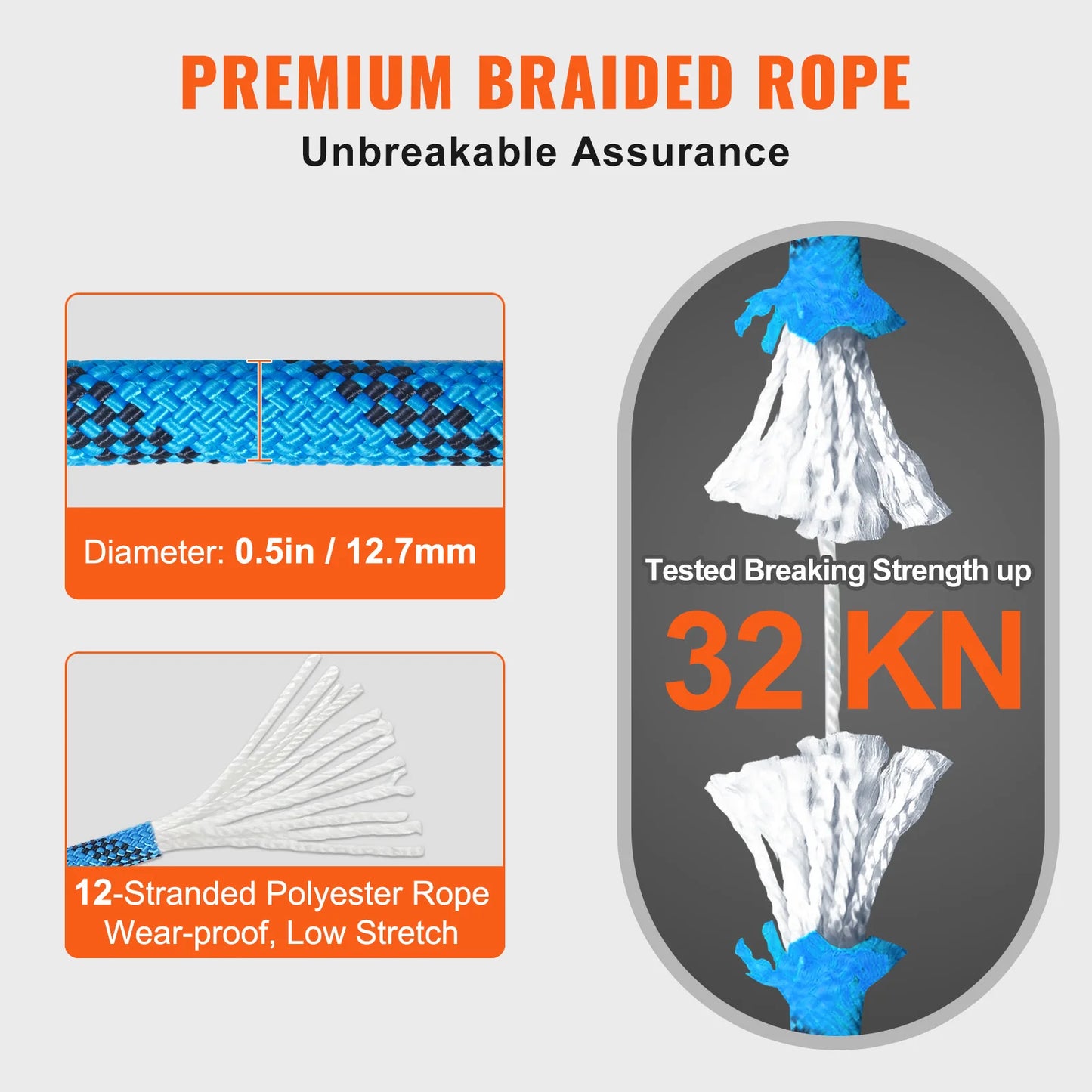 VEVOR Static Climbing Rope 32kN Break Strength With Steel Snap Hooks