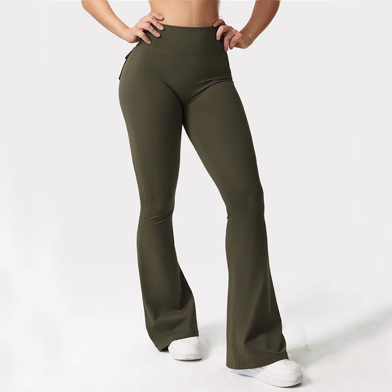 Women's Yoga Flare Trousers High-Waisted Tummy-Control Wide-Leg With Pockets