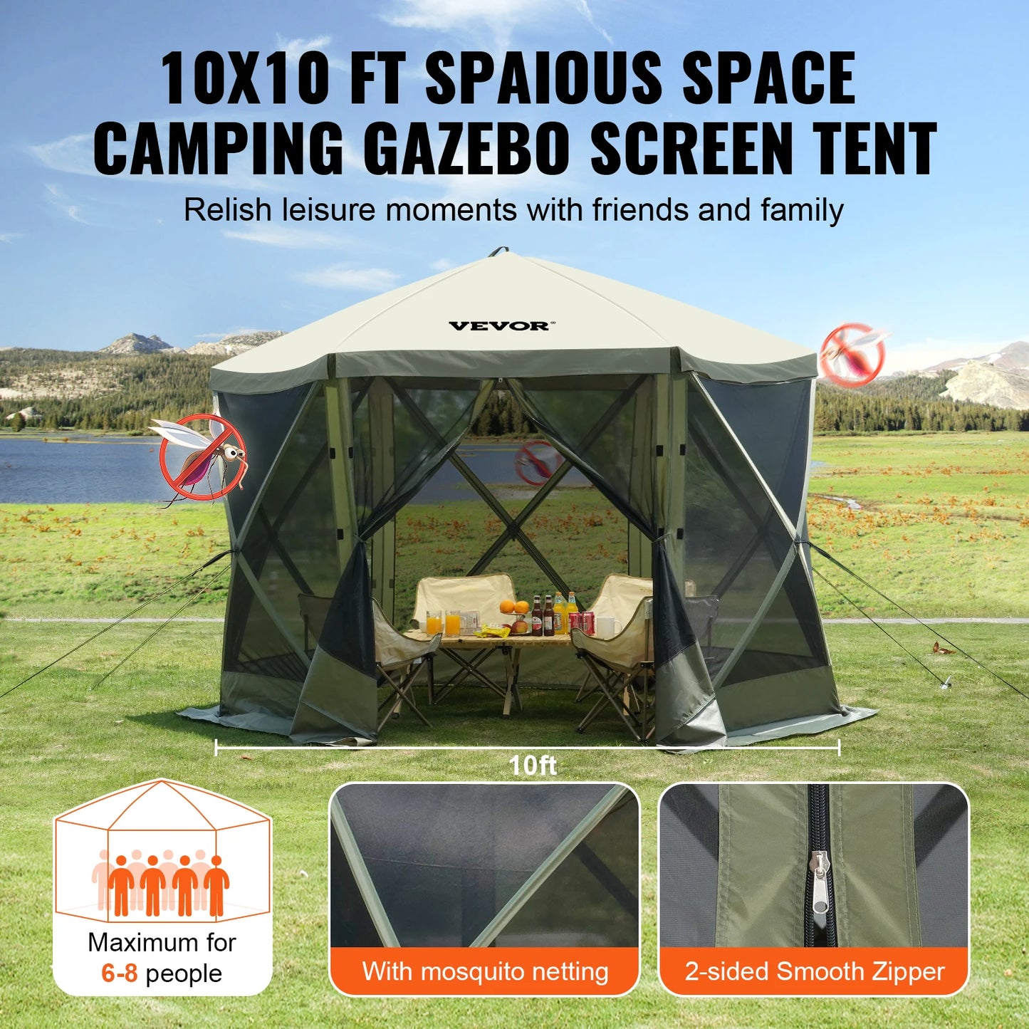 SucceBuy Pop Up Gazebo Tent Six-Sided Canopy Sun Shelter