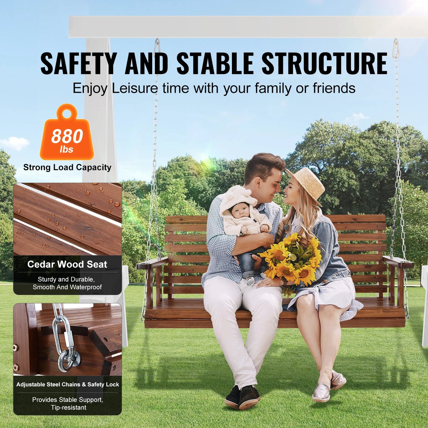 SucceBuy Wooden Porch Swing Outdoor Cedar Bench Seat