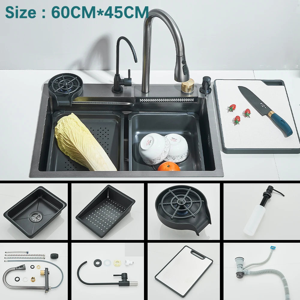 Waterfall Kitchen Sink With Digital Display 304 Stainless Steel
