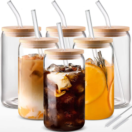 NONEDrinkware Drinking Glasses With Bamboo Lids And Glass Straws
