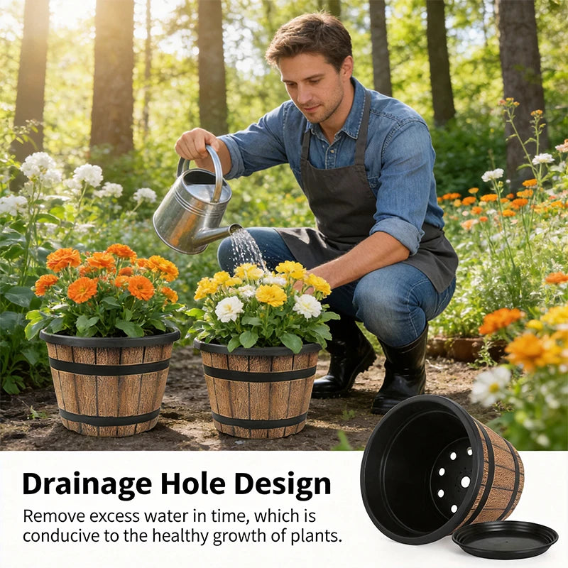 Resin Barrel Planter Indoor Outdoor Balcony Garden Decor