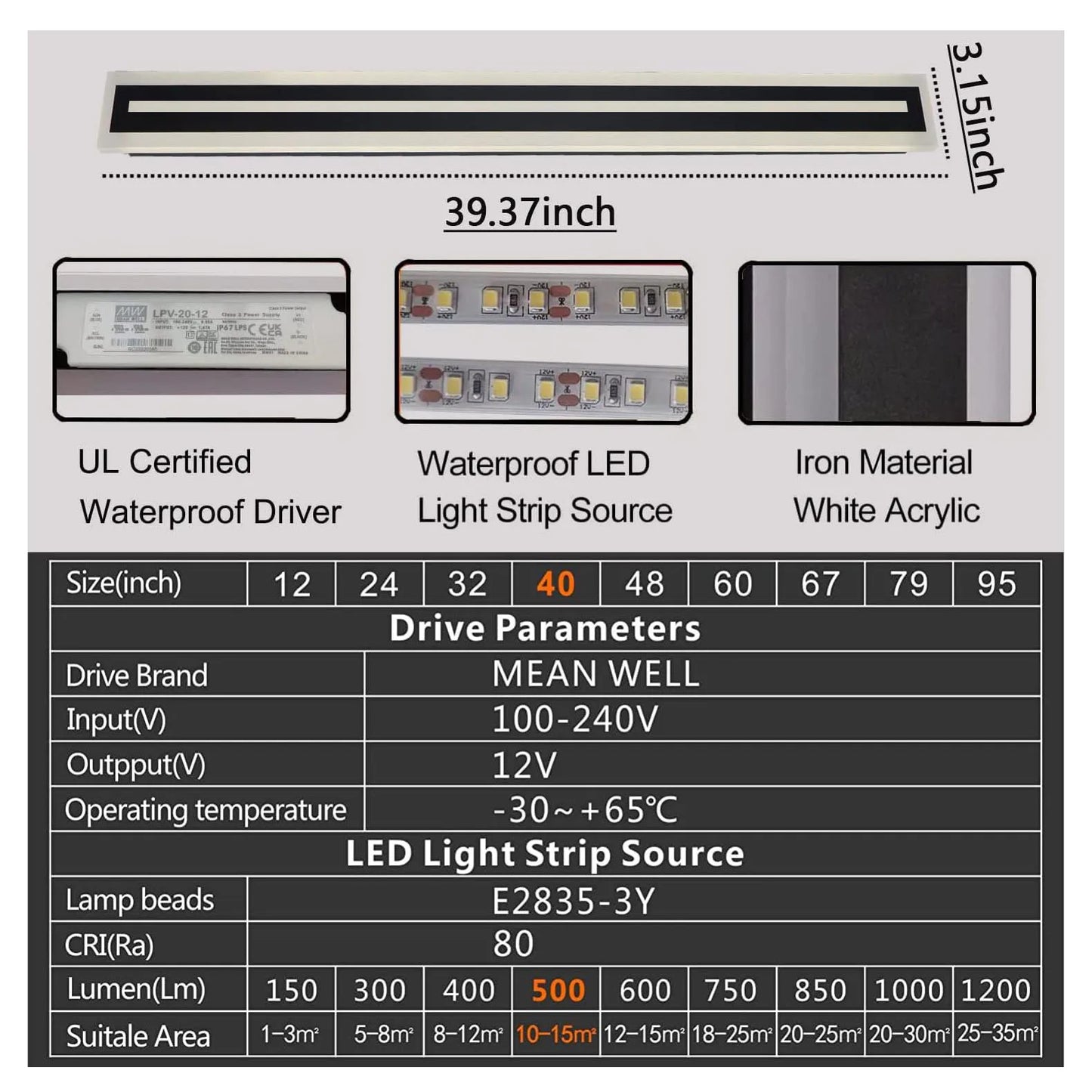 Outdoor Long Strip Modern LED Wall Sconce Frosted Acrylic IP67