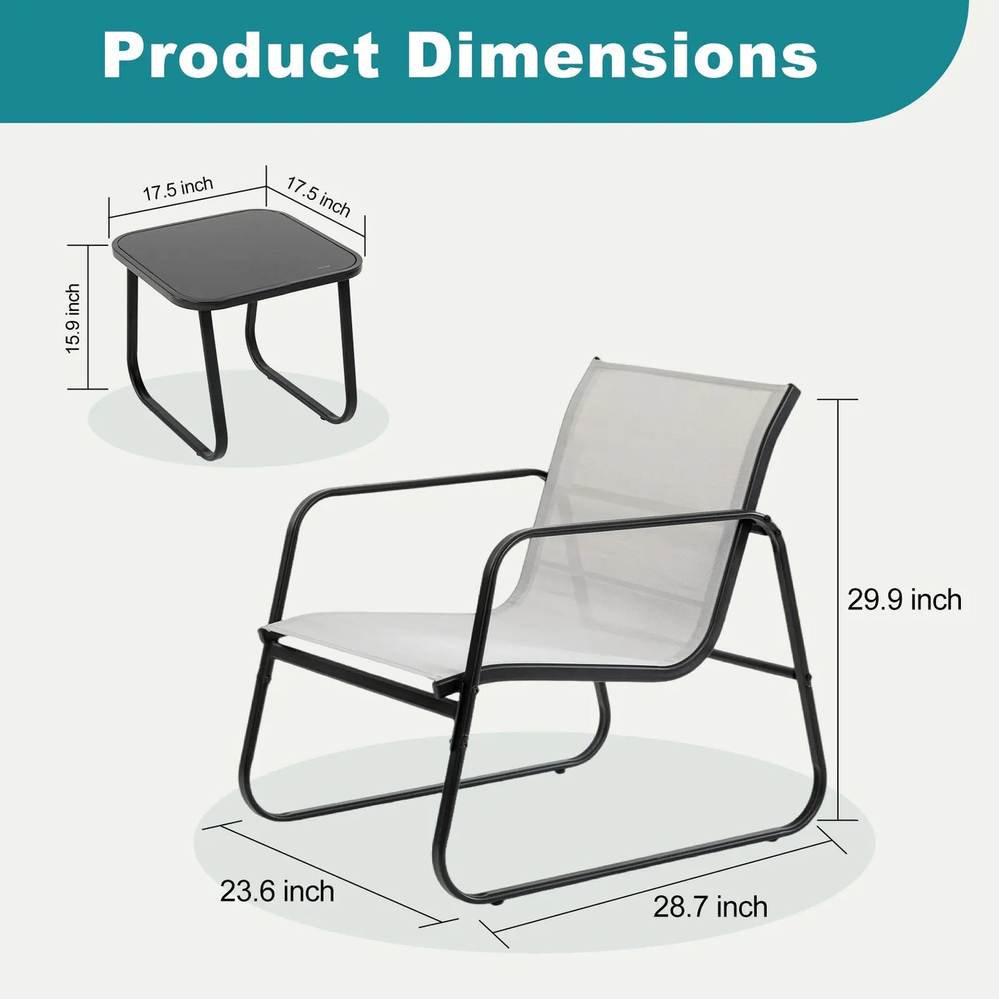 JHK Patio Furniture 3-Piece Set With Table Outdoor Metal Frame Lumbar Support