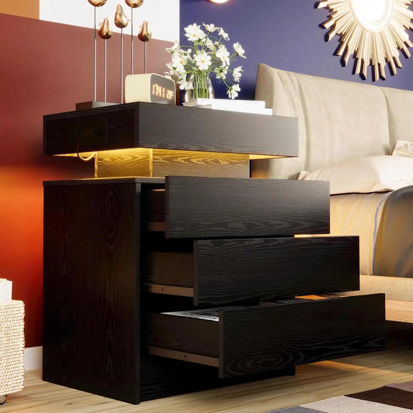 LIKIMIO Nightstand With Charging Station And LED Light