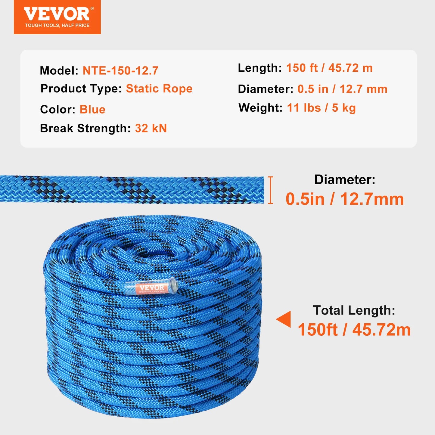 VEVOR Static Climbing Rope 32kN Break Strength With Steel Snap Hooks