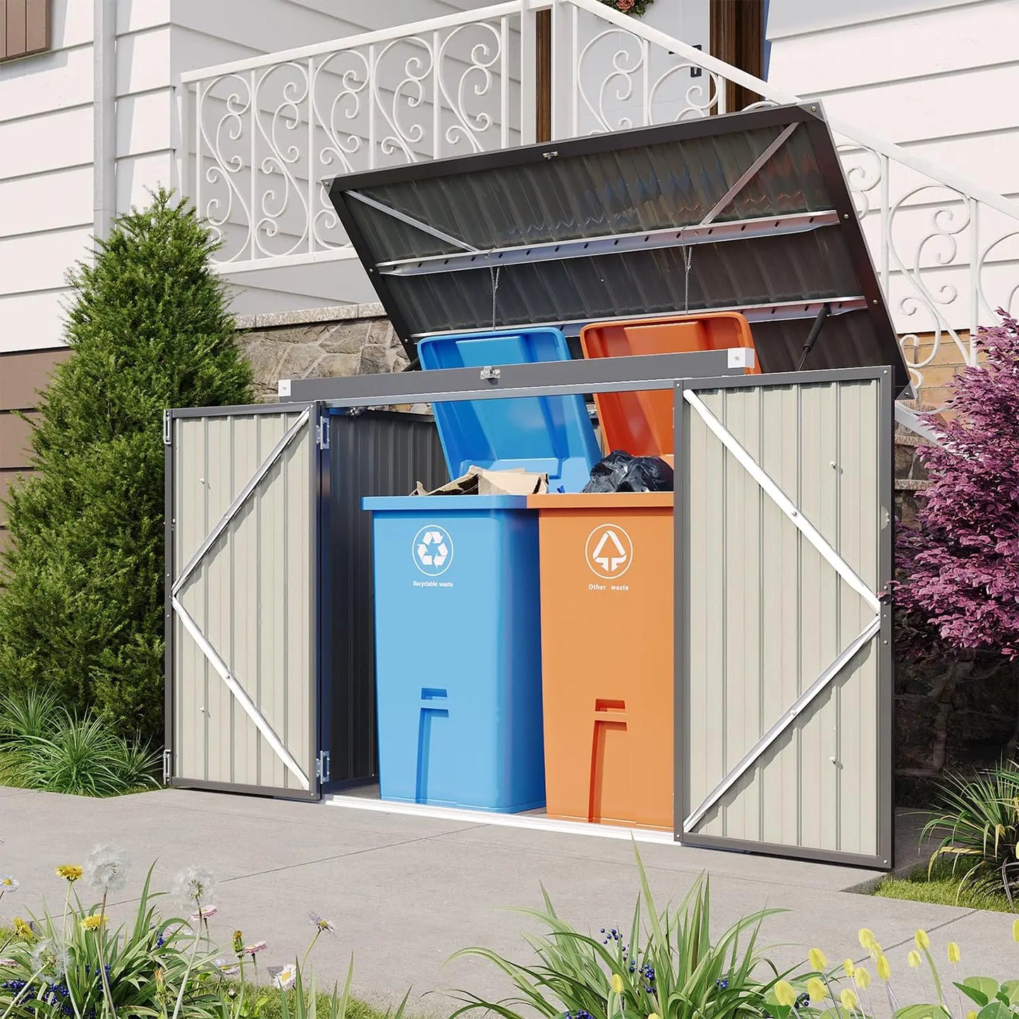 Metal Outdoor Storage Shed With Chain Lid Waterproof Organizer