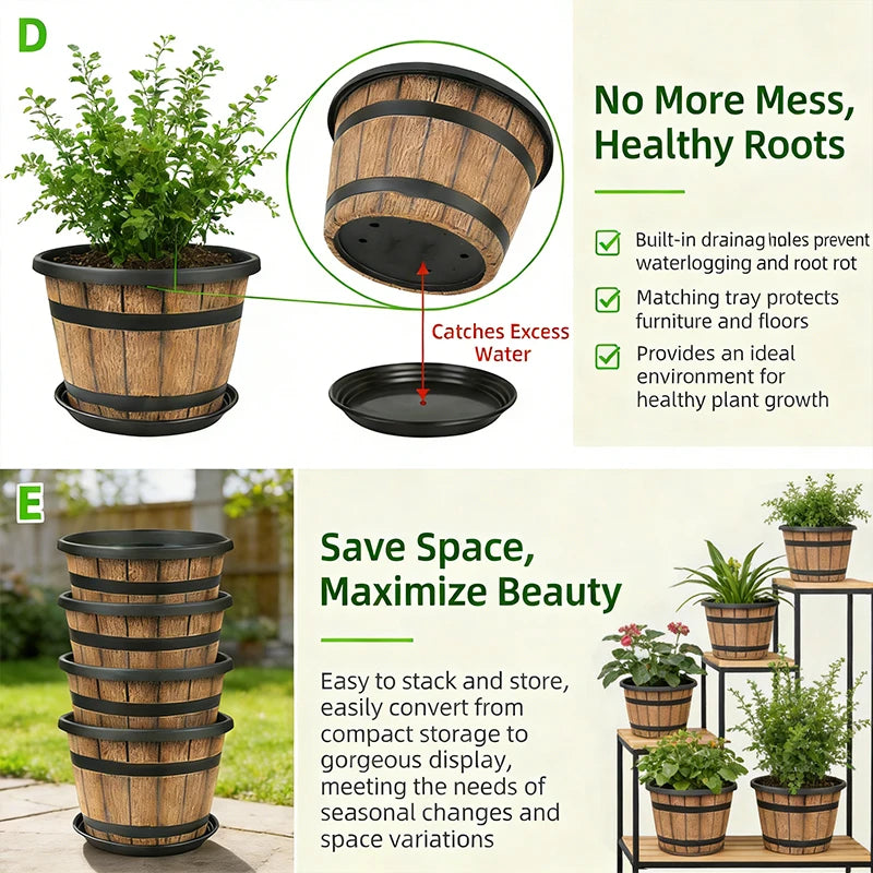 Resin Barrel Planter Indoor Outdoor Balcony Garden Decor