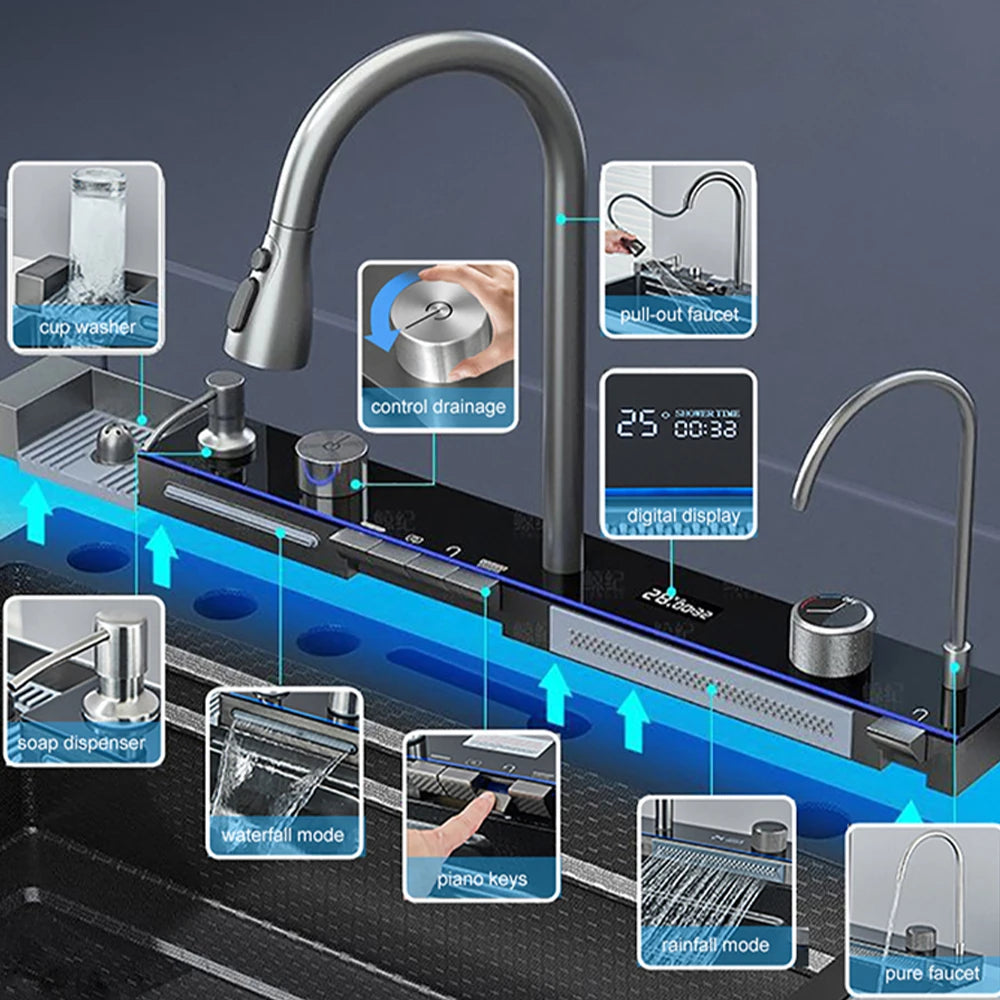 Waterfall Kitchen Sink With Digital Display 304 Stainless Steel