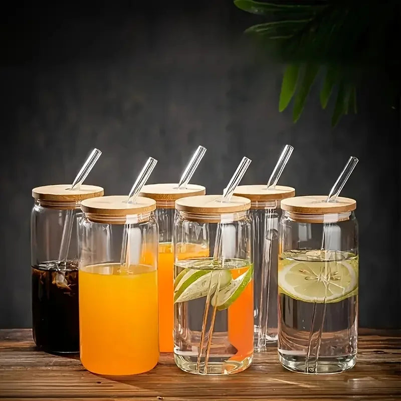 NONEDrinkware Drinking Glasses With Bamboo Lids And Glass Straws
