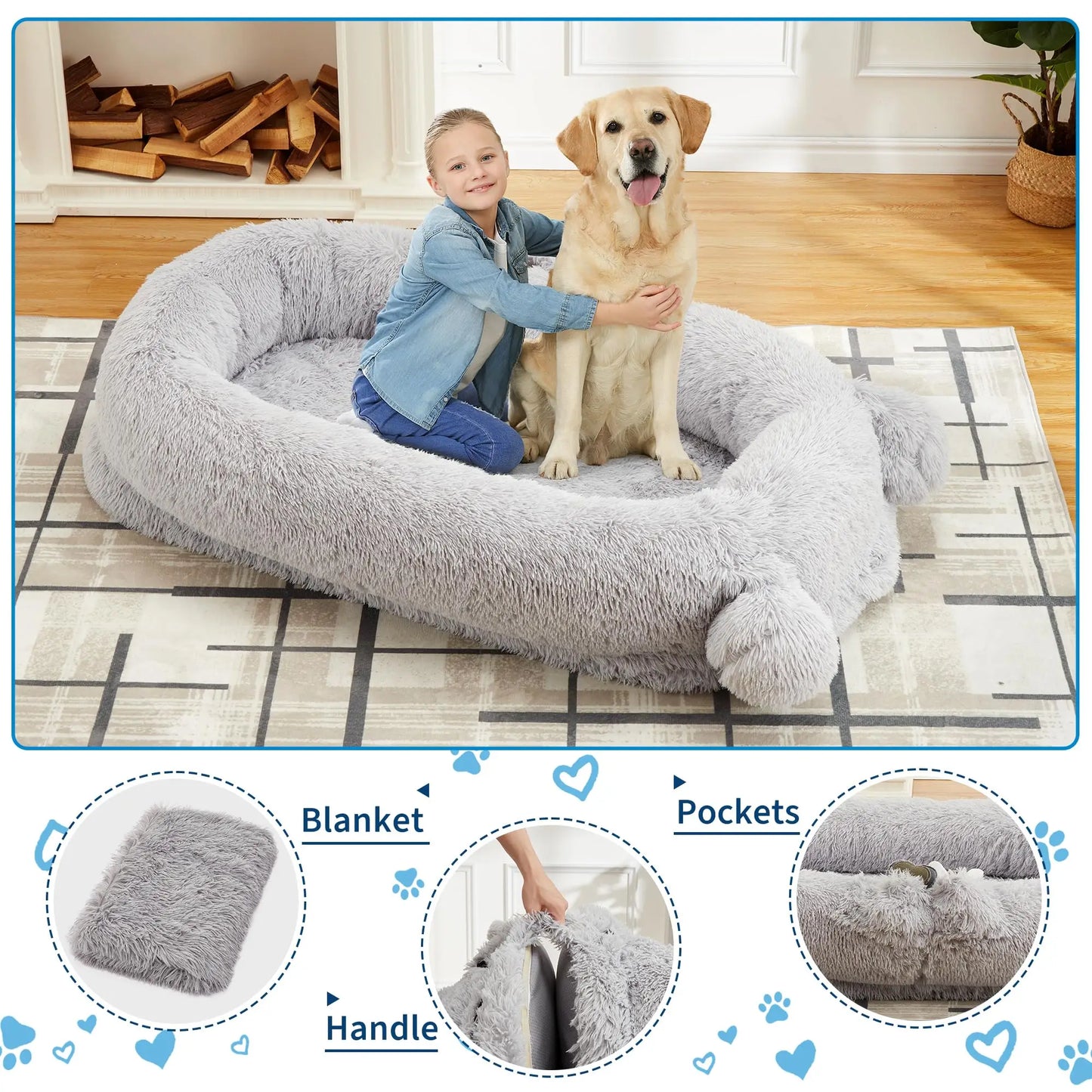HiMISSCN Dog Bed With Removable Cover, Blanket, Pockets