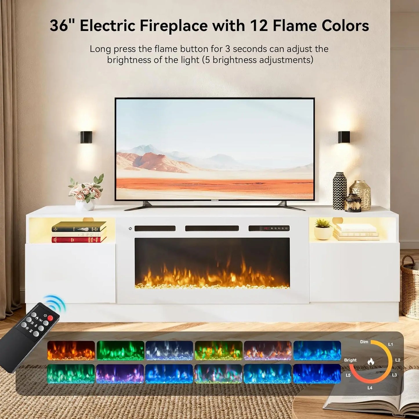 Modern TV Stand With Electric Fireplace And Storage Cabinet